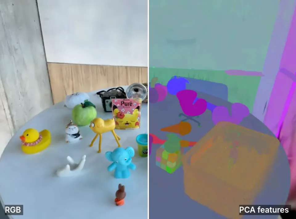A tabletop scene split into its RGB rendering and the PCA projection of the learned per-Gaussian features.