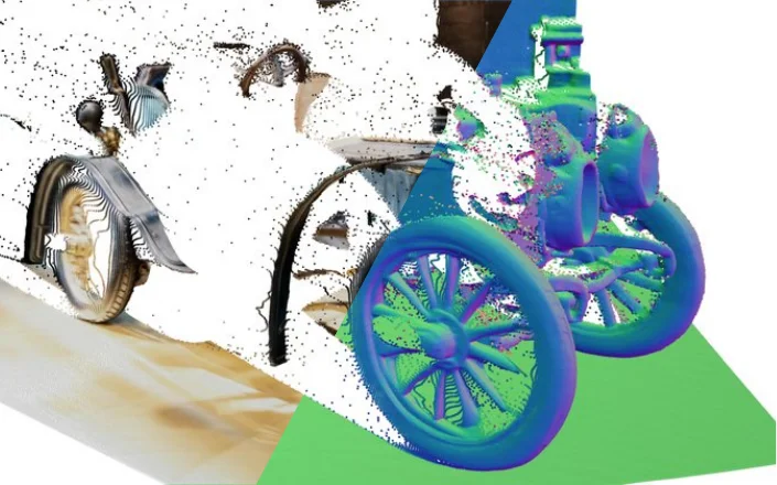 A SurGe point map of a vintage car, shown half in RGB and half as surface normals.